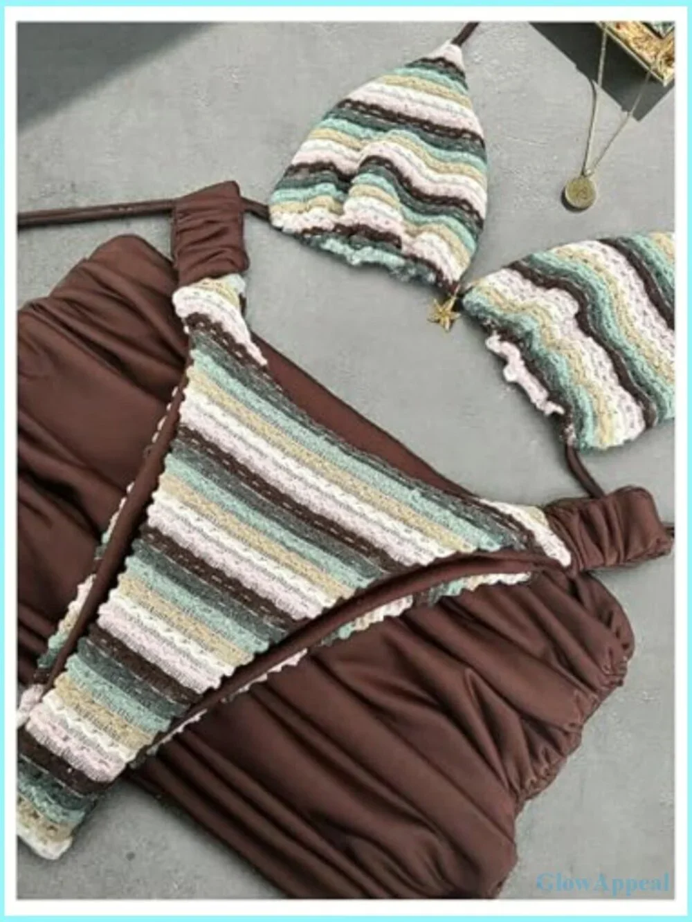 3 Piece Knit Striped Triangle High Cut Bikini Set with Cover Up Skirt